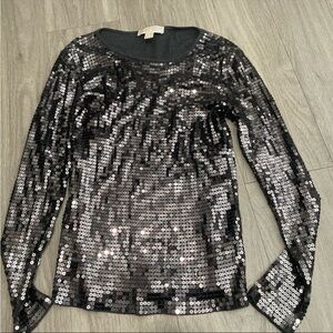Michael Kors Black and Silver Sequin Long Sleeve Top y2k